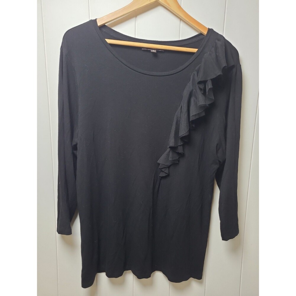 Adrienne Vittadini Shirt Top Womens XL Black Ruffled Stretch Fairy